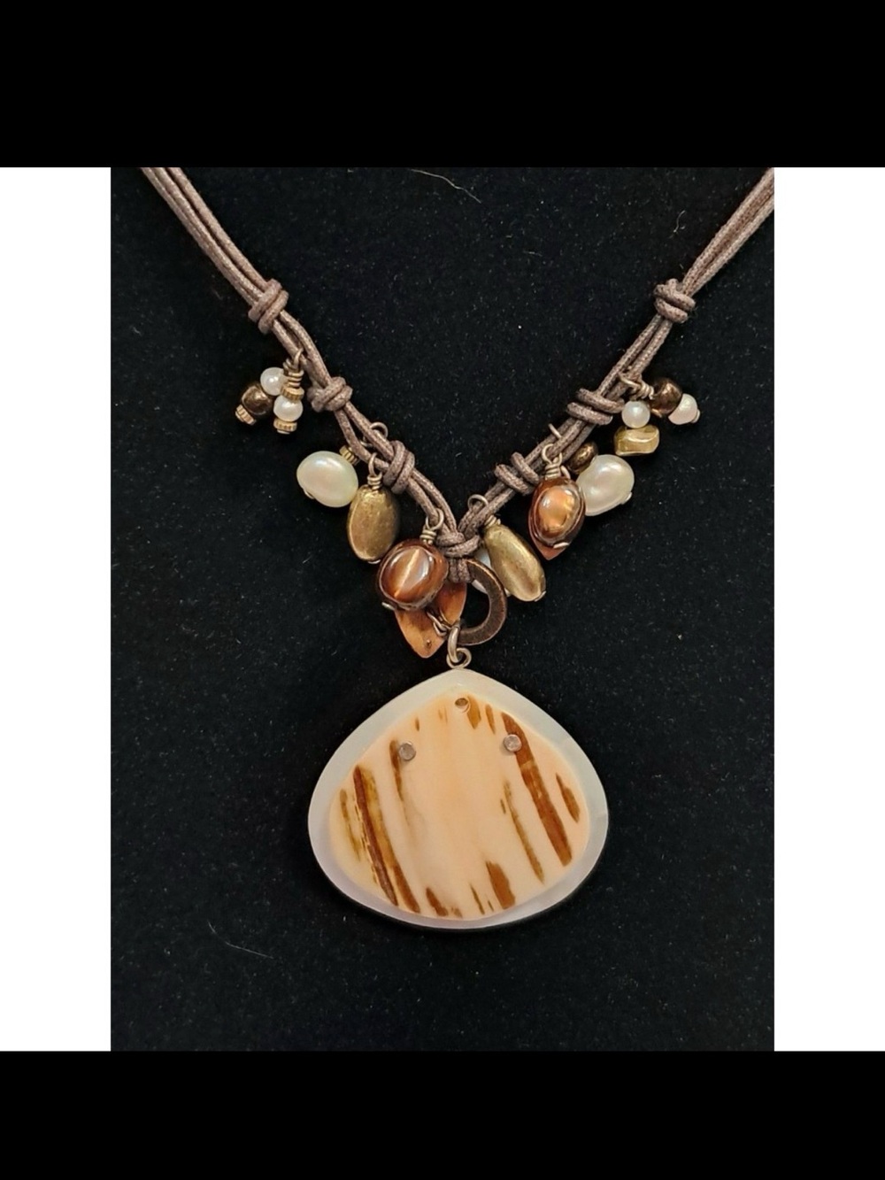 NWOT Peyote Bird Reversible Shell Pendant Bead Mix On Brown Cord Necklace 16-18"